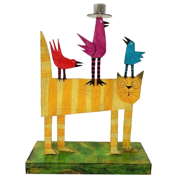 ACME Animal Canada Cat With 3 Birds, one Taper Candle Holder Handcrafted Signed - Picture 1 of 17